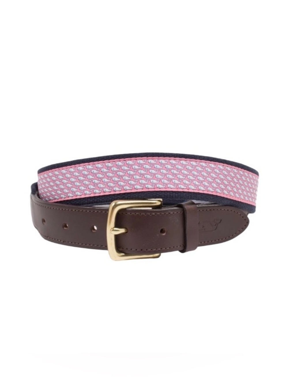 Vineyard Vines Pink Whale Pattern Web Belt with Brown Leather Men’s Sz. 30